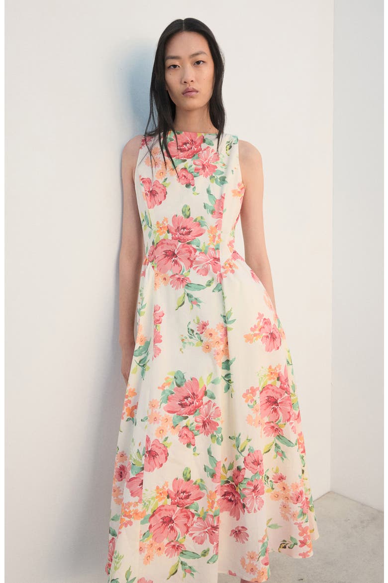 Floral Sleeveless Cotton Midi Dress, Alternate, color, OFF WHITE