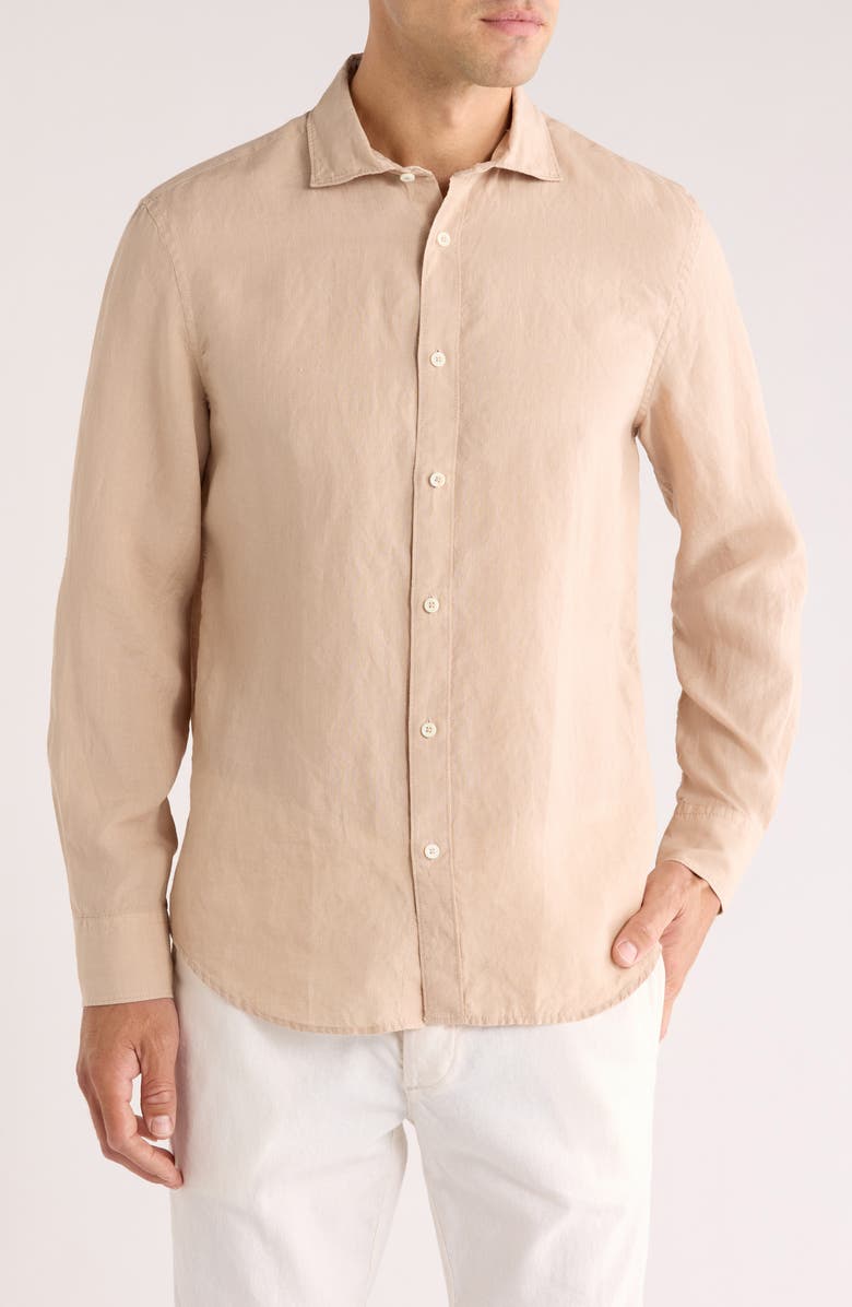 Bugatchi Axel Shaped Fit Linen Button-Up Shirt, Main, color, Sand