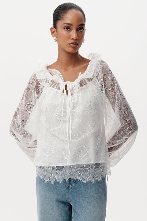 Cherree Tie Neck Lace Crop Blouse