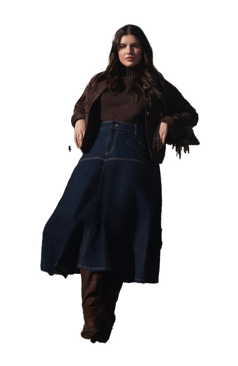 ELOQUII Denim Maxi Skirt With Seam Detail, Main, color, Dark Rinse