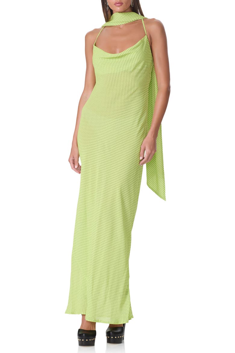 Cheryl Print Slipdress with Scarf, Main, color, LIME PIN DOT