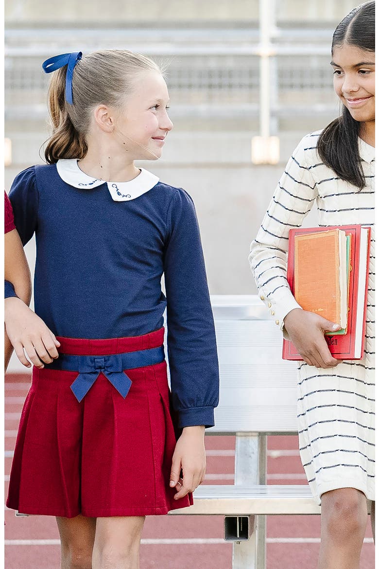 Kids' Organic Brushed Cotton Pleated Skirt with Bow, Alternate, color, Dark Red