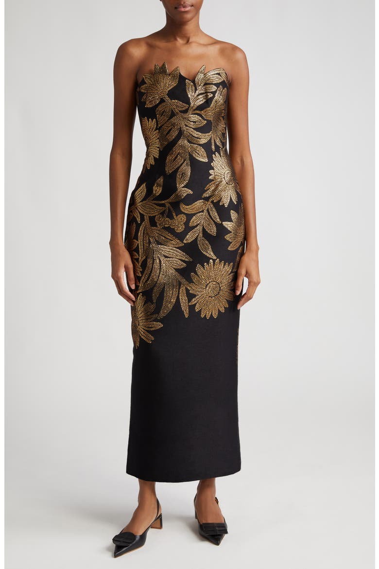 Metallic Floral Strapless Sheath Gown, Main, color, BLACK