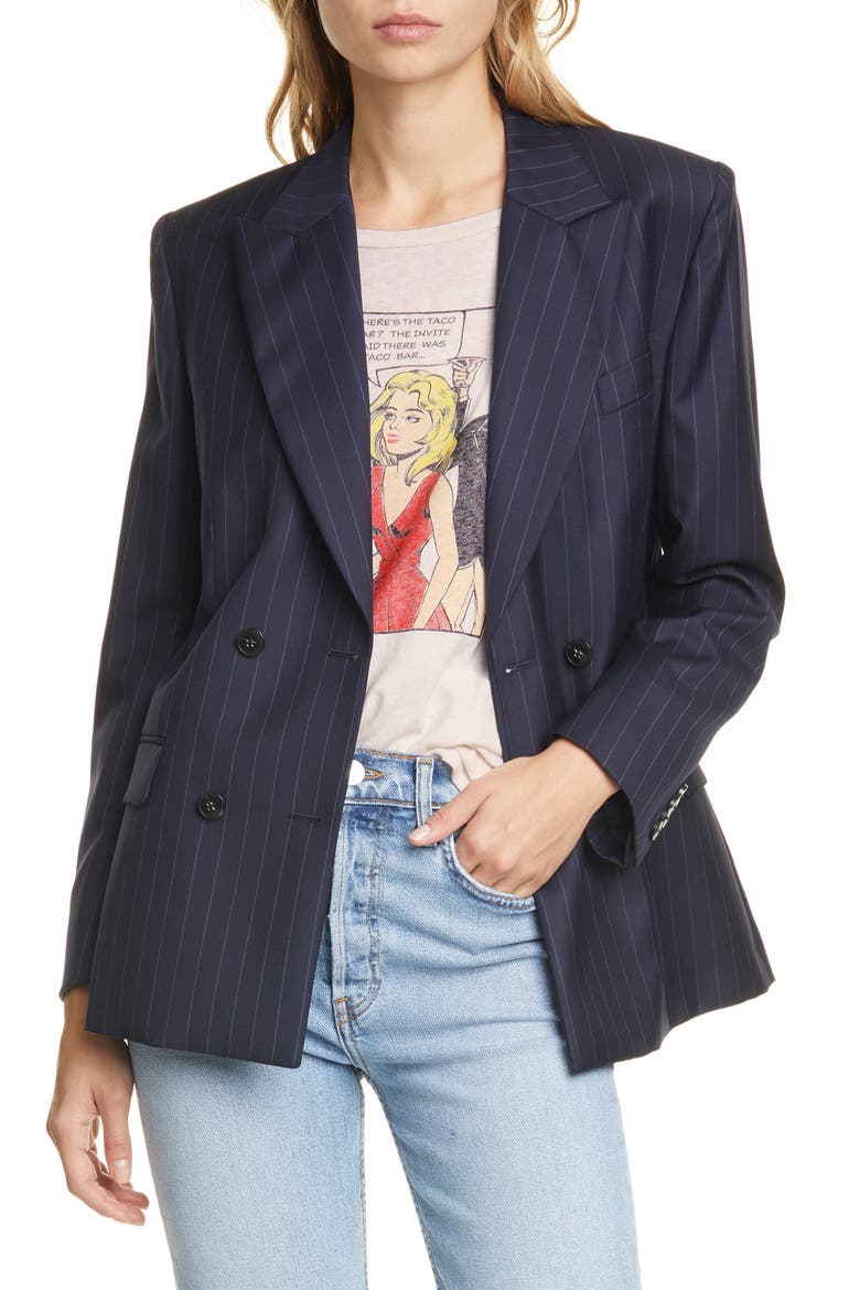 '70s Pinstripe Double Breasted Wool Blazer, Main, color, NAVY PINSTRIPE