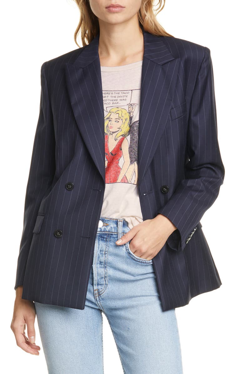 Re/Done '70s Pinstripe Double Breasted Wool Blazer, Main, color, 
