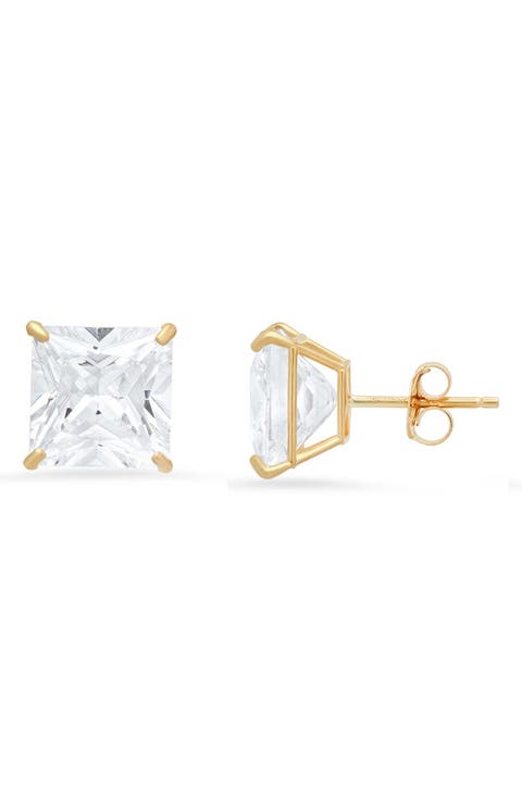 10K Gold Princess Cut Cubic Zirconia Stud Earrings