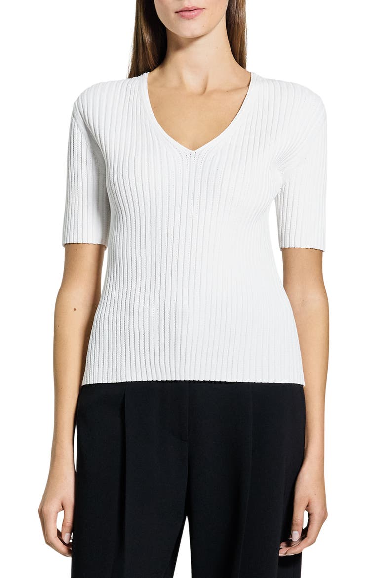 V-Neck Rib Pointelle Sweater, Main, color, WHITE