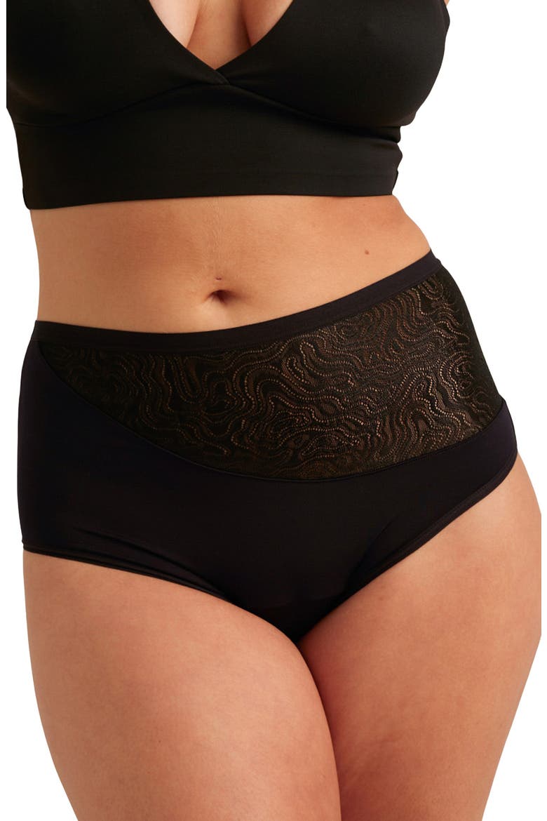Period & Leakproof Heavy Absorbency Lace Panel High Waist Briefs, Main, color, VOLCANIC BLACK