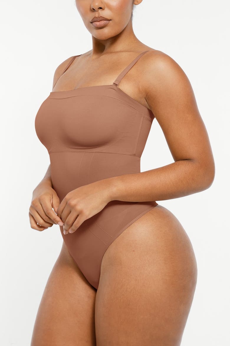 Skin Flow Strapless Sculpt Thong Bodysuit, Alternate, color, Bronze