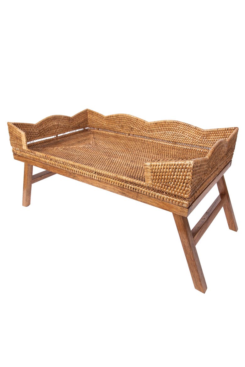 Artifacts Rattan Scallop Design Breakfast Tray with Wooden Legs, Alternate, color, Honey Brown