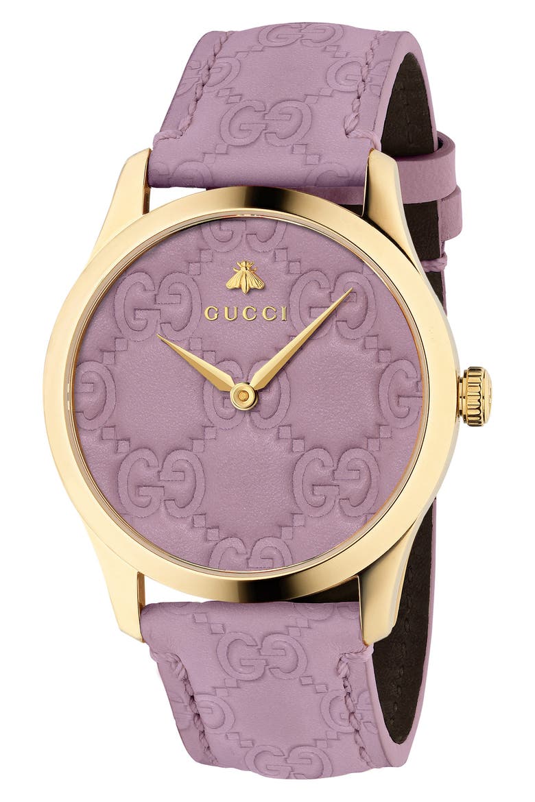 G-Timeless Logo Leather Strap Watch, 38mm, Main, color, PURPLE/ GOLD