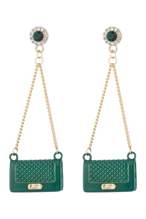 Green Purse CZ Crystal Drop Earrings