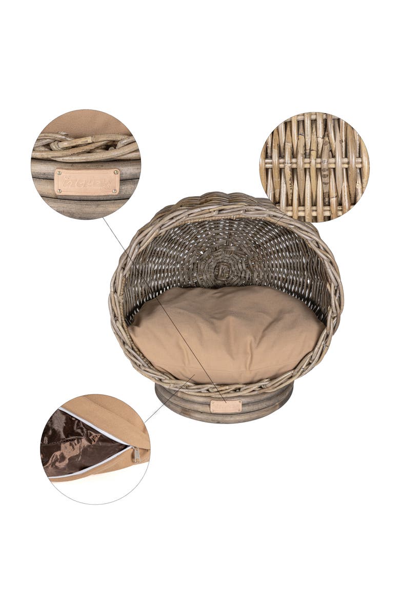 The Licker Store Socket Dome 19.5" x 17" Bohemian Handwoven Rattan Pet Bed with Machine-Washable Cushion, Alternate, color, Kubu Gray