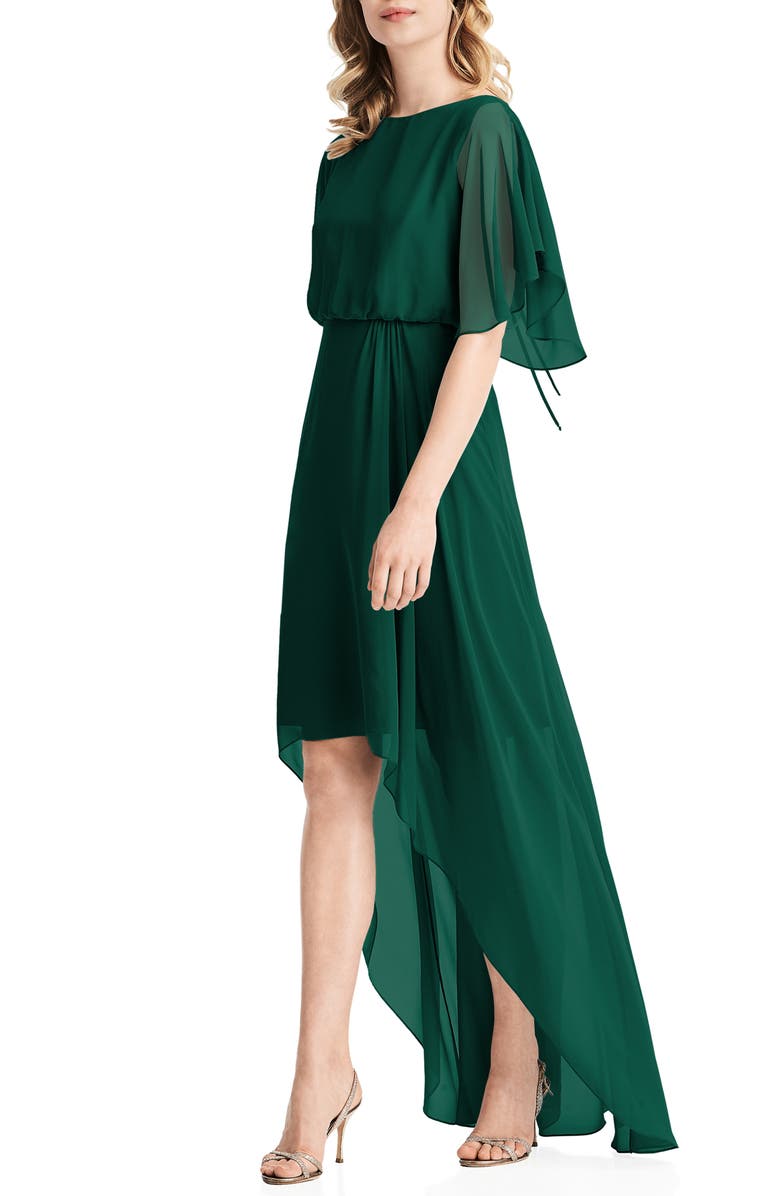 Jenny Packham Flutter Sleeve High/Low Chiffon Gown, Main, color,