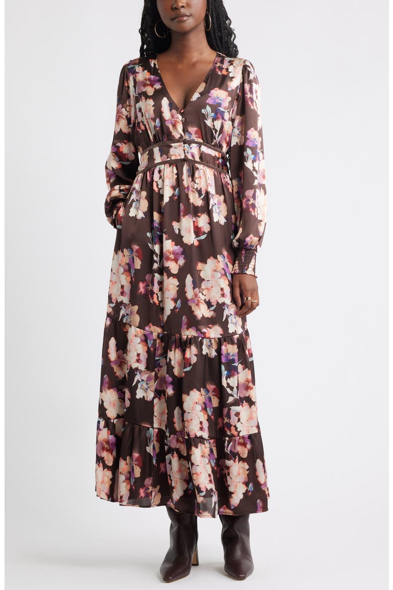 Smocked Cuff Long Sleeve Satin Maxi Dress, Main, color, BROWN FLOWER WASH