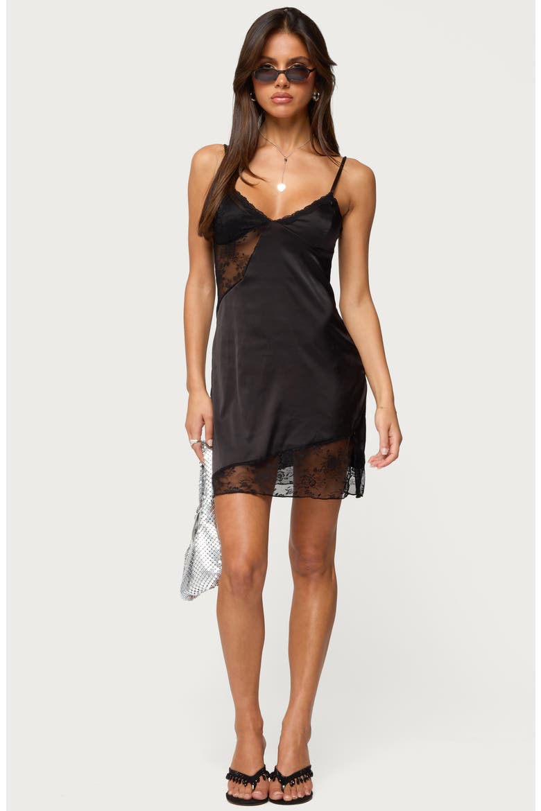 Lace Trim Satin Slip Minidress, Alternate, color, BLACK
