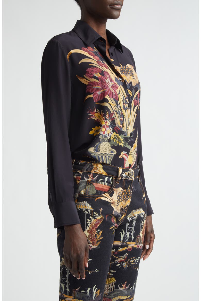 Floral Silk Button-Up Shirt, Alternate, color, BLACK