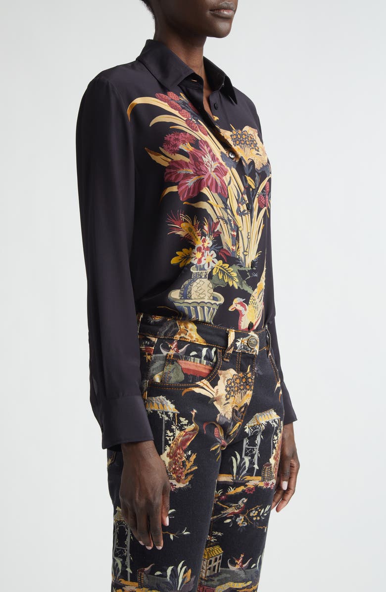 Etro Floral Silk Button-Up Shirt, Alternate, color, Black