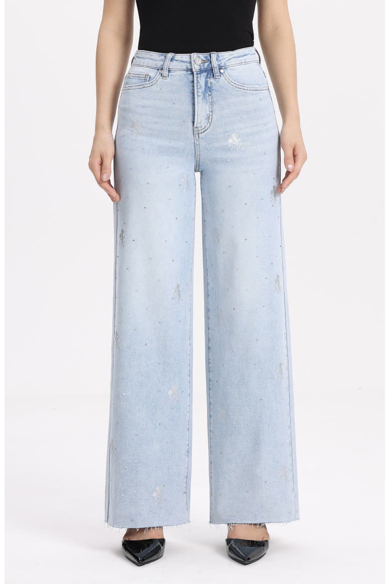 Embellished Raw Hem High Waist Wide Leg Jeans, Main, color, LIGHT BLUE