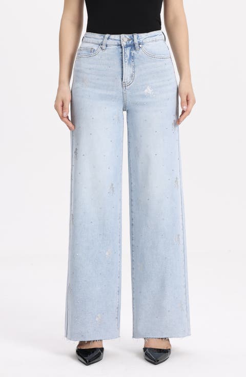 Embellished Raw Hem High Waist Wide Leg Jeans