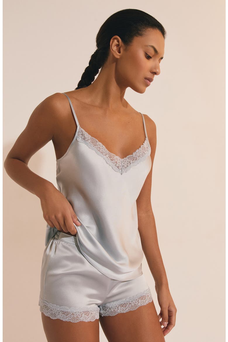 Milky Lace Trim Washable Silk Satin Pajama Shorts, Alternate, color, SILVER