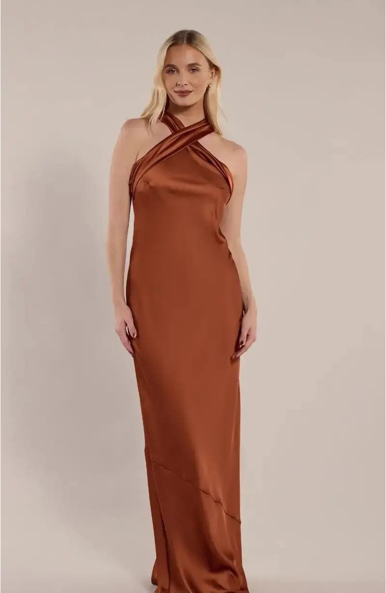 Rewritten Roma Halter Neck Dress, Alternate, color, Cinnamon