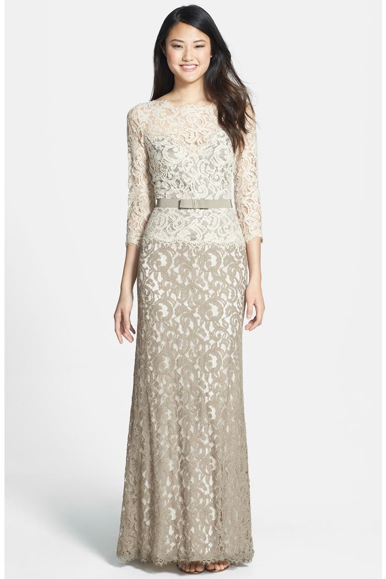 Mock Two Piece Lace Gown, Main, color, LATTE