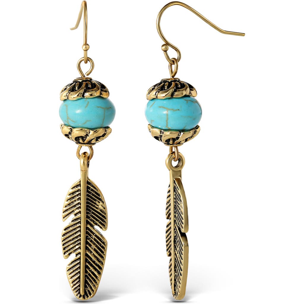 Jessica Simpson Turquoise Bead Feather Drop Earrings In Blue