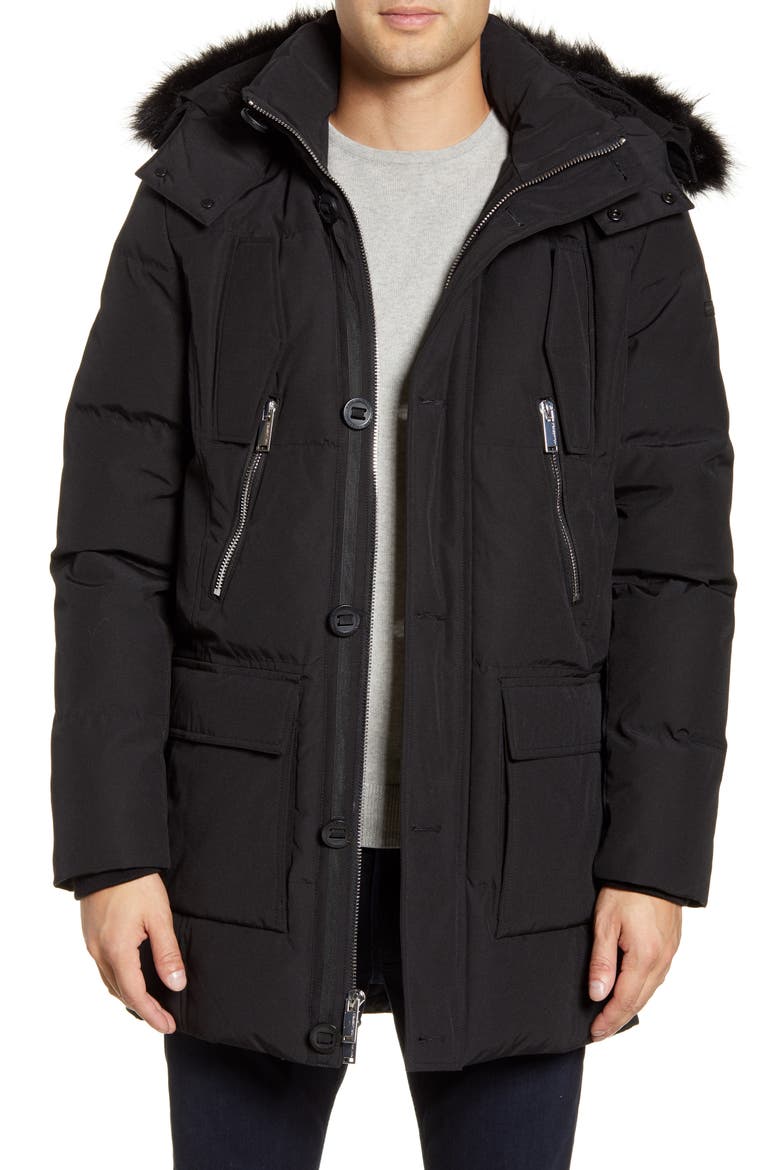Faux Fur Trim Down & Feather Quilted Parka, Main, color, BLACK