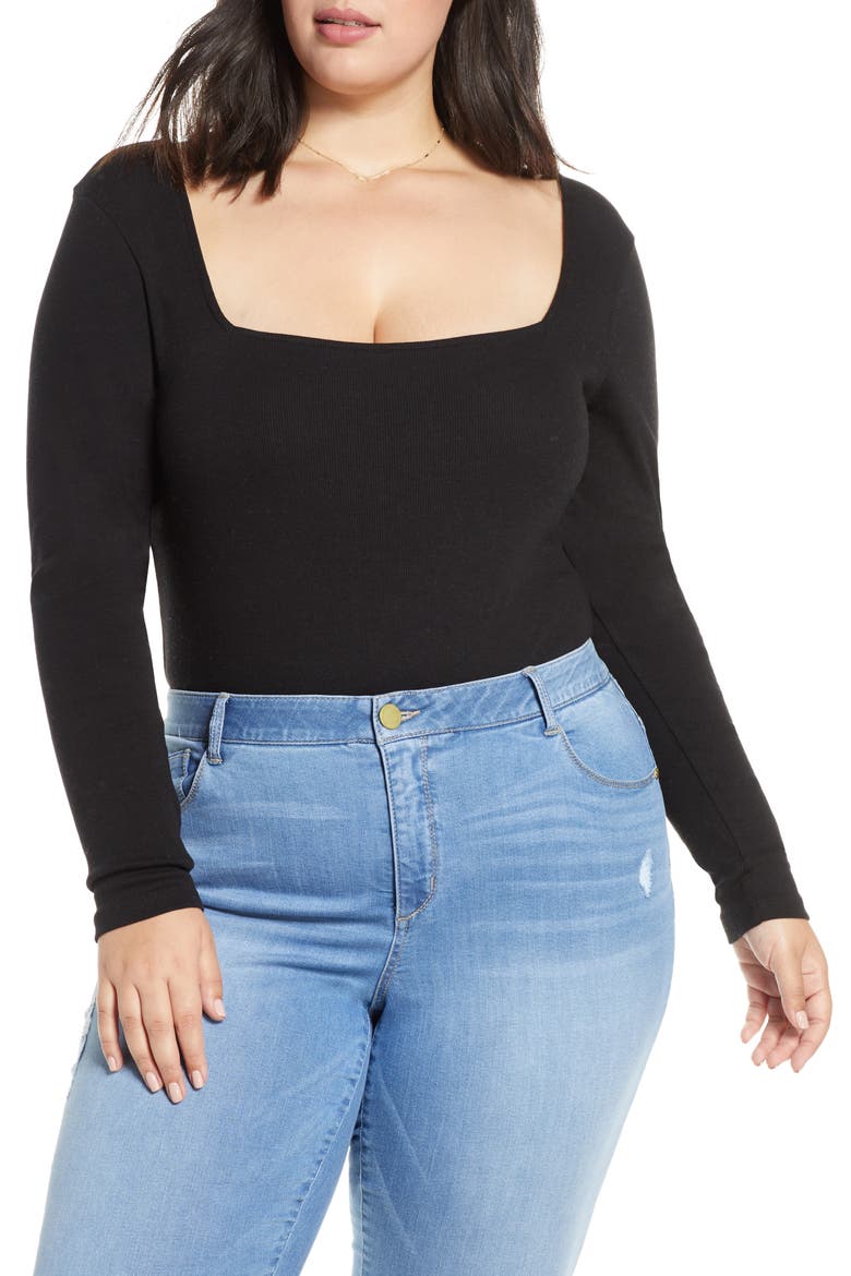 Square Neck Long Sleeve Bodysuit, Main, color, BLACK