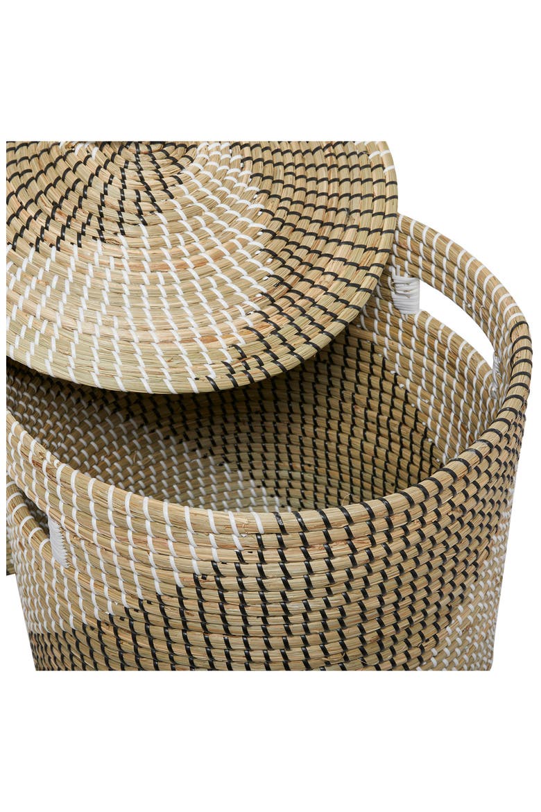 Brown Seagrass Handmade Two-Tone Storage Basket with Matching Lid - Set of 2, Alternate, color, BROWN