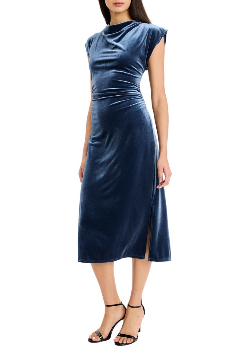Softly Draped Velvet Midi Dress, Alternate, color, DARK DENIM