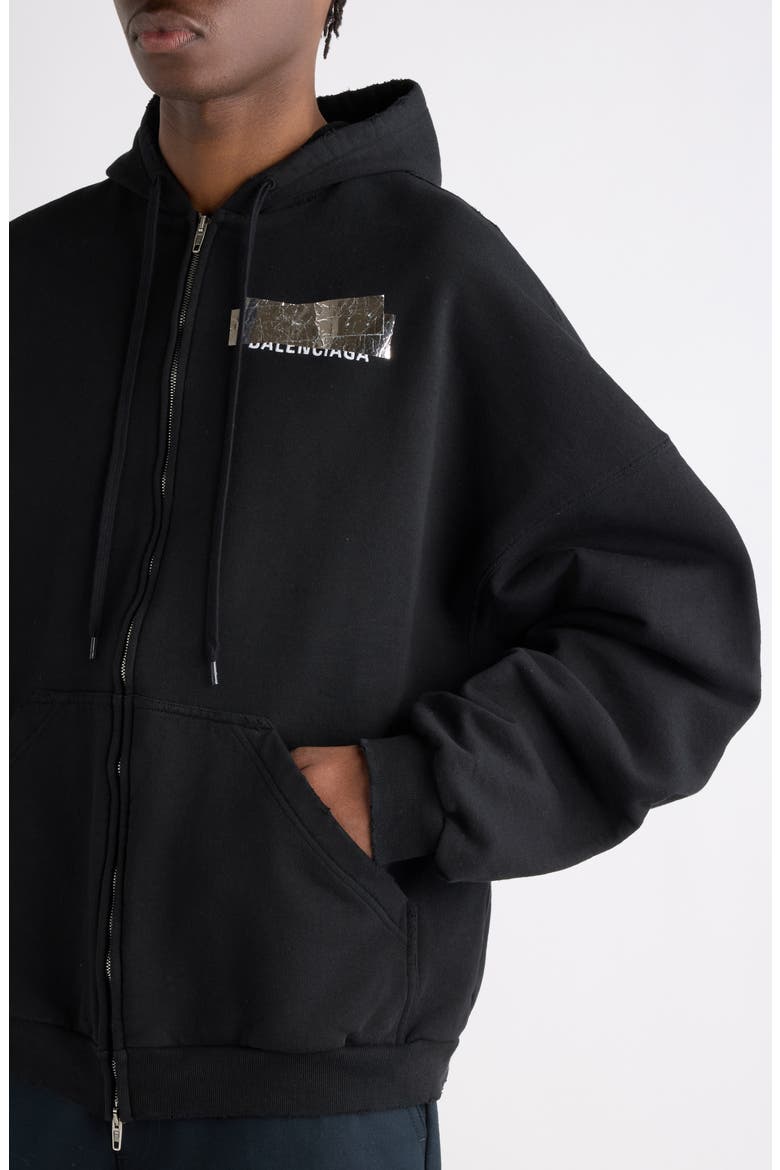 Large Distressed Silver Tape Logo Embroidered Zip Hoodie, Alternate, color, 1000 BLACK