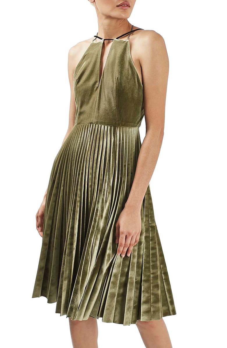 Topshop Pleated Velvet Fit & Flare Dress, Main, color, 