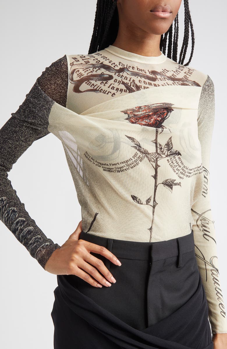 Jean Paul Gaultier Tattoo Print Cutout Double Layer Mesh Thong Bodysuit, Alternate, color, 