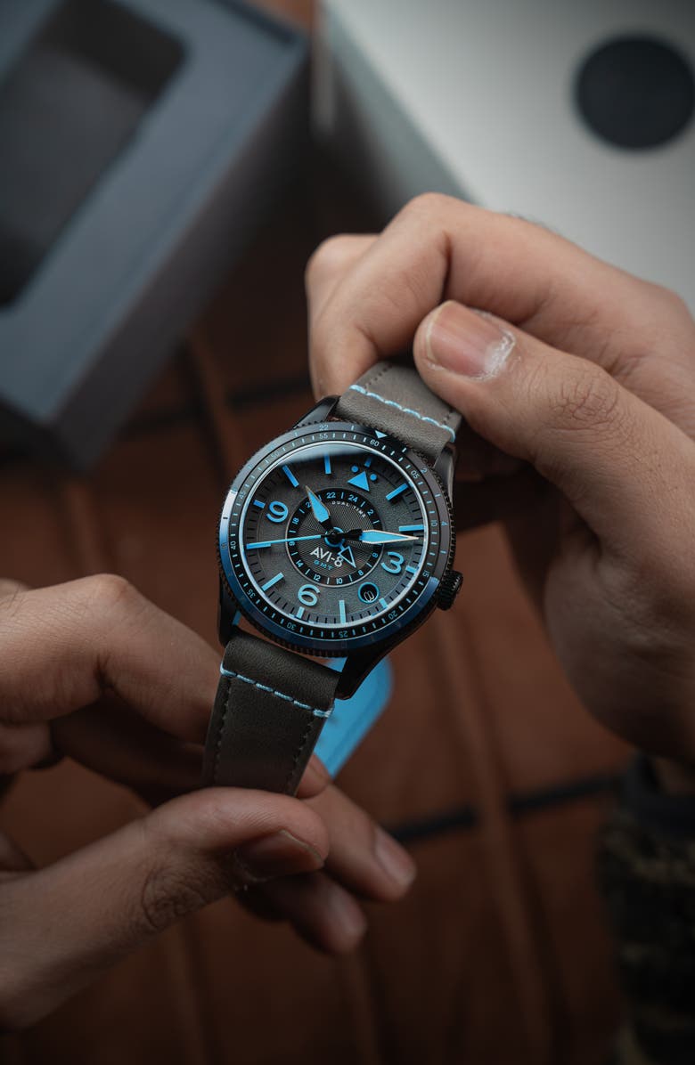 AVI-8 Flyboy Airmaster GMT Leather Strap Watch, 40mm, Alternate, color, Grey