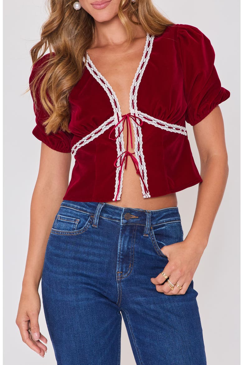 Pretty Please Velvet Tie Front Top, Alternate, color, BURGUNDY
