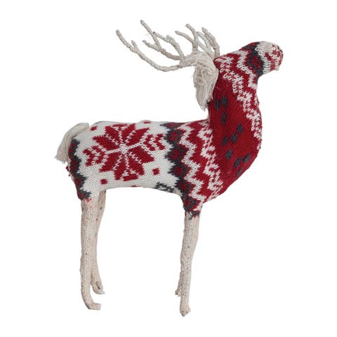 Cotton Knit & Wire Reindeer with Faire Isle Pattern, Red, Cream, & Black