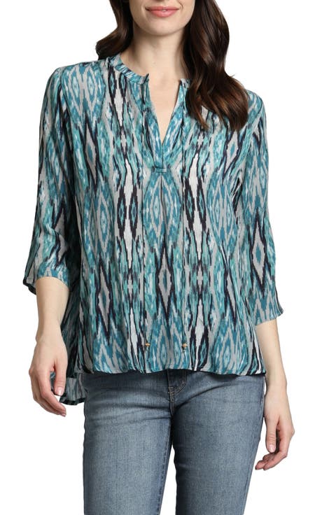 Print Tassel Split Neck Chiffon Top