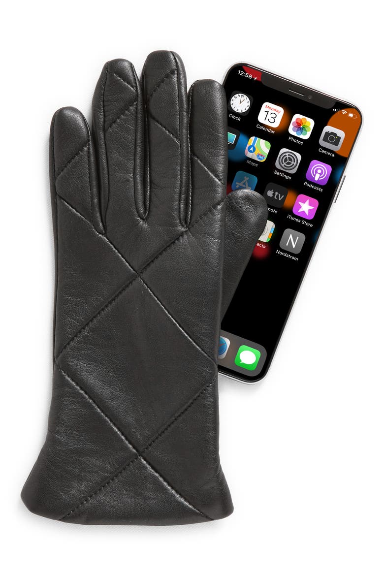 Quilted Leather Gloves, Alternate, color, BLACK