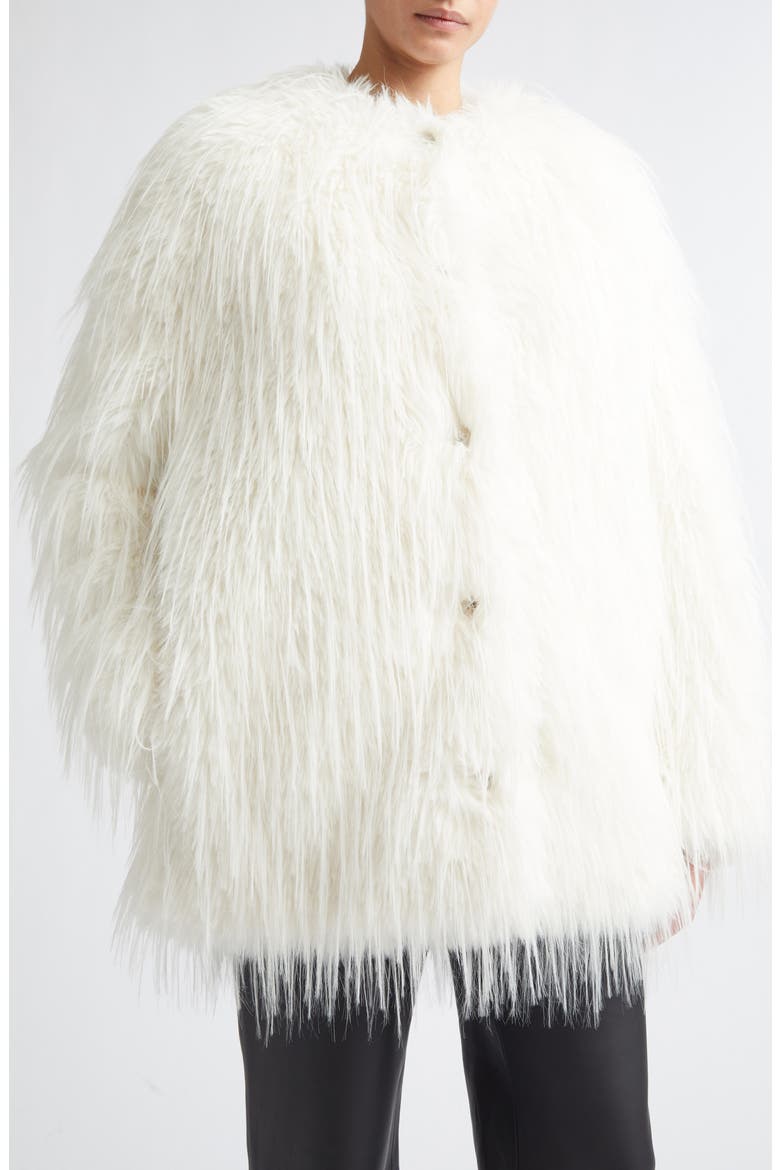 Rowe Collarless Faux Fur Short Coat, Alternate, color, IVORY