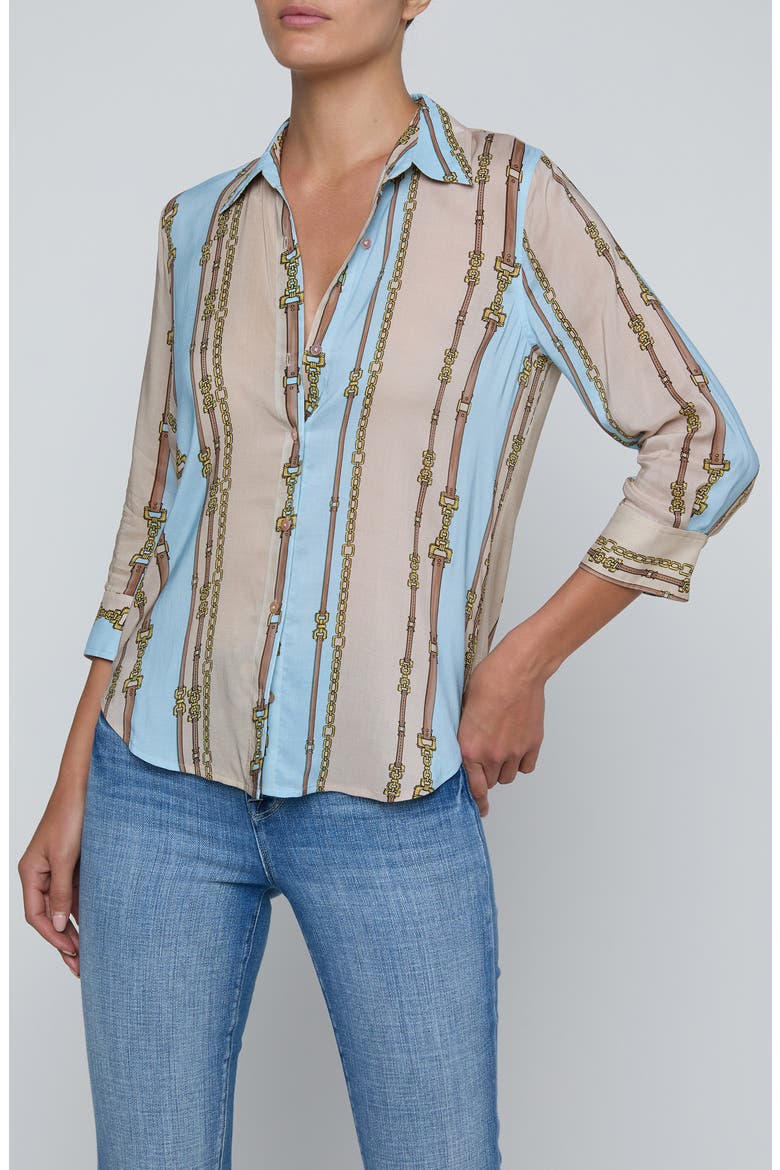 Camille Chain Print Button-Up Shirt, Main, color, TAUPE/ LT SAGE BELT STRIPE