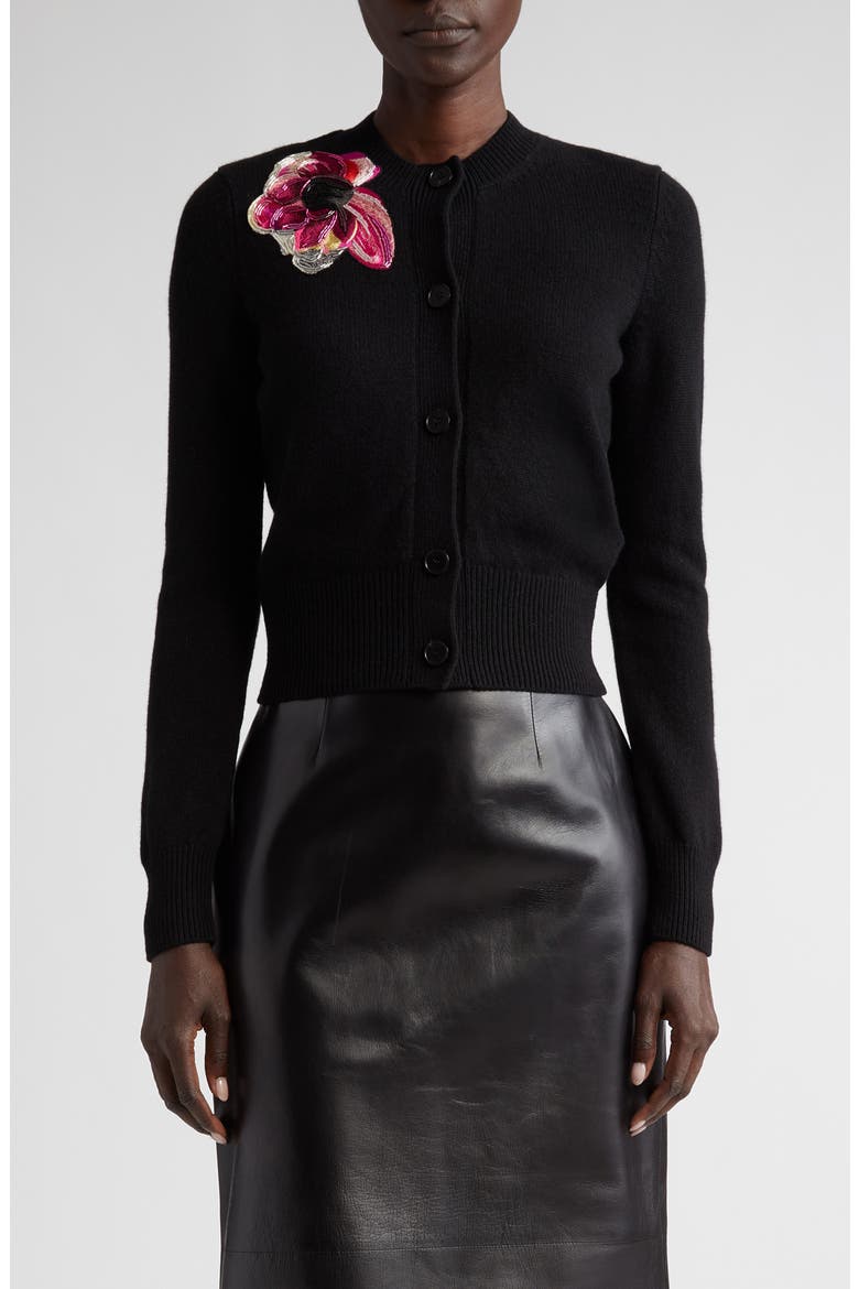 Floral Beaded Shrunken Wool & Cashmere Cardigan, Main, color, 1084 BLACK/ PINK