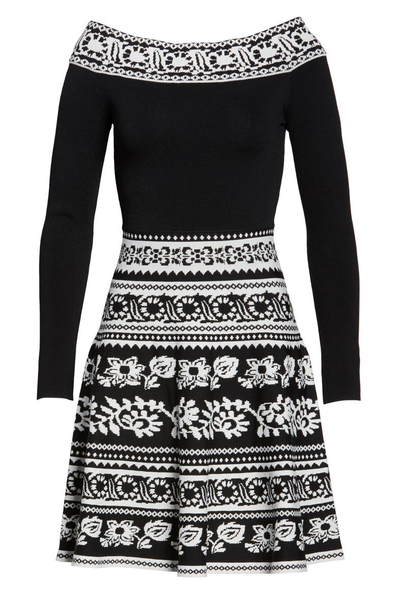 Pattern Off the Shoulder A-Line Knit Dress, Alternate, color, BLACK WHITE