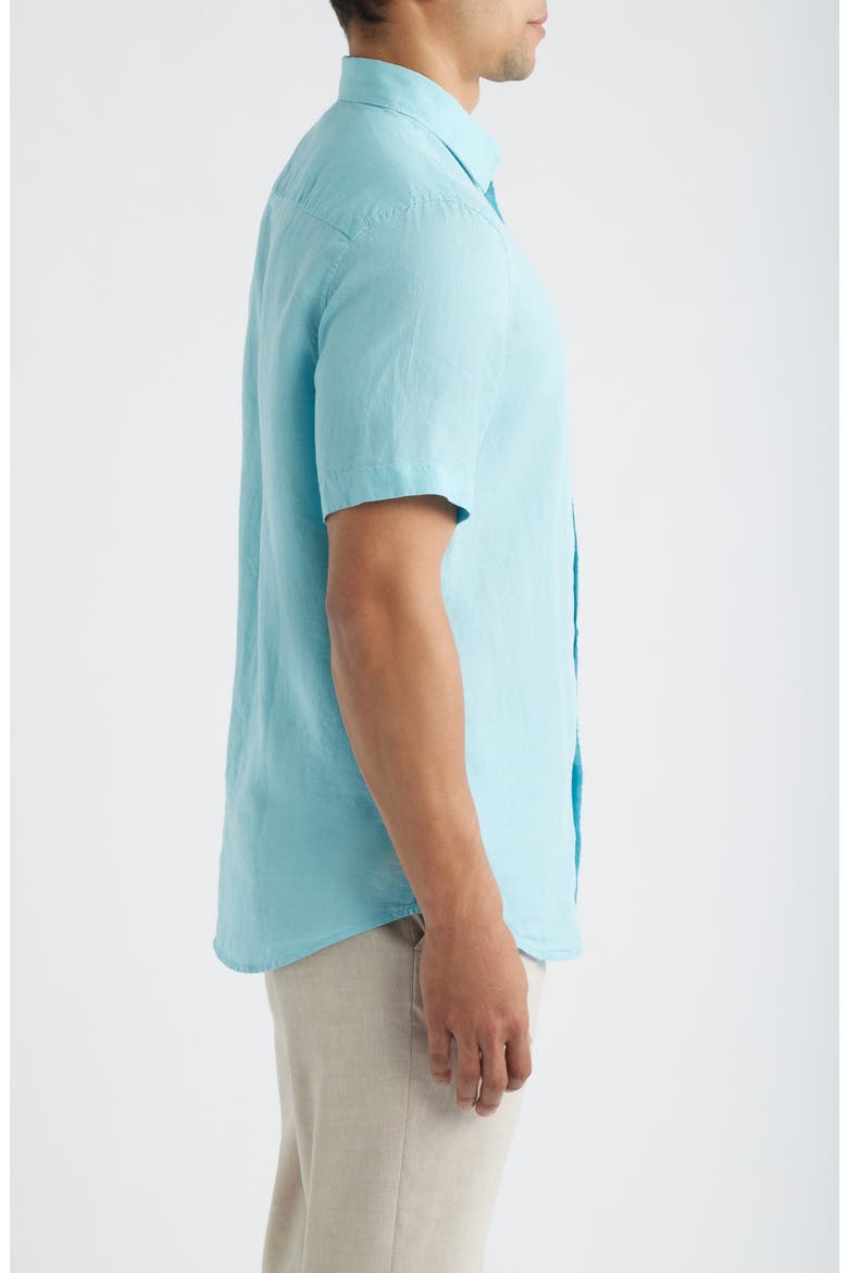 Orson Shaped Fit Short Sleeve Linen Button-Up Shirt, Alternate, color, TURQUOISE