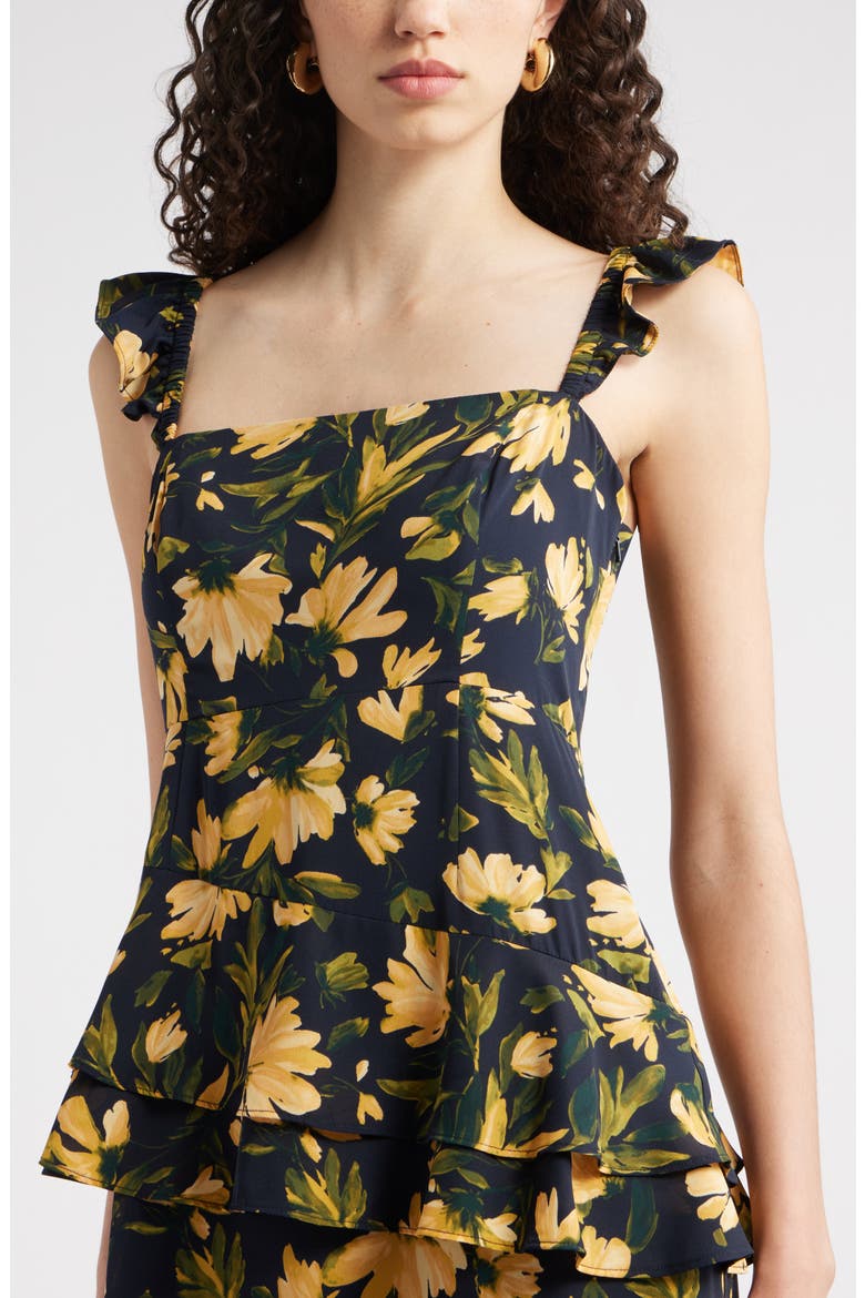 Tiered Asymmetric Ruffle Maxi Dress, Alternate, color, NAVY- YELLOW ARIA FLORAL