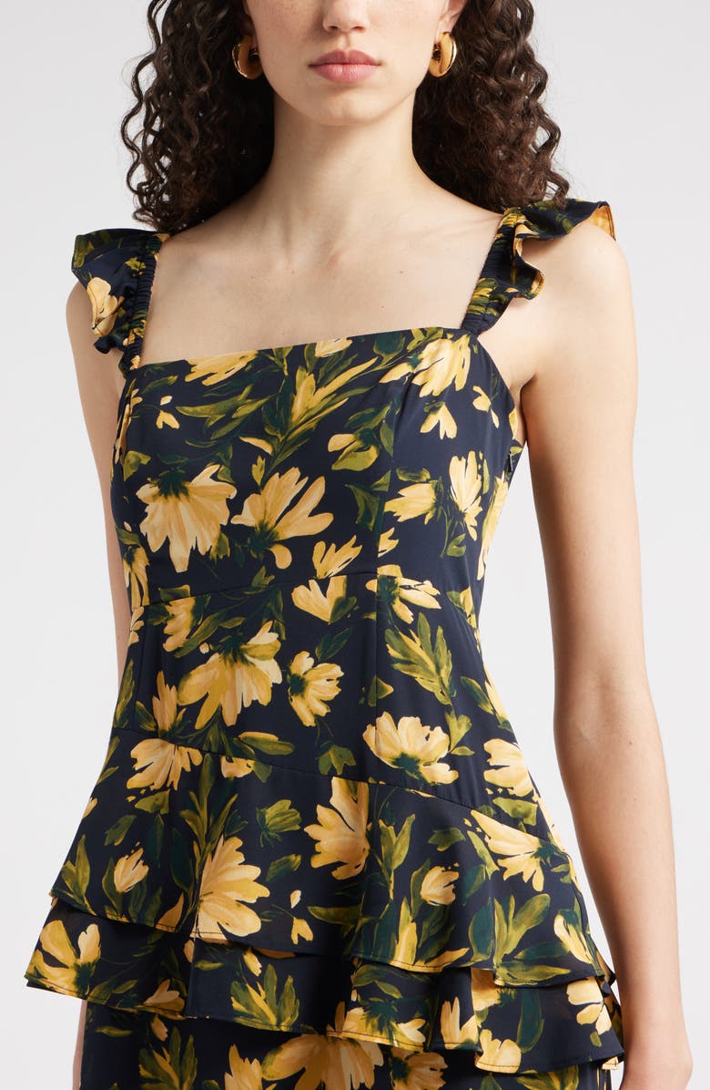 Chelsea28 Tiered Asymmetric Ruffle Maxi Dress, Alternate, color, Navy- Yellow Aria Floral