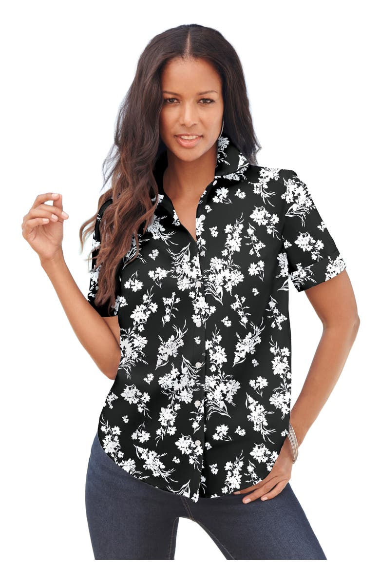 Extended Plus Size Kate Short Sleeve Easy Cotton Blend Button Front Shirt, Main, color, BLACK FLAT FLORAL