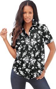 Roaman's Extended Plus Size Kate Short Sleeve Easy Cotton Blend Button Front Shirt