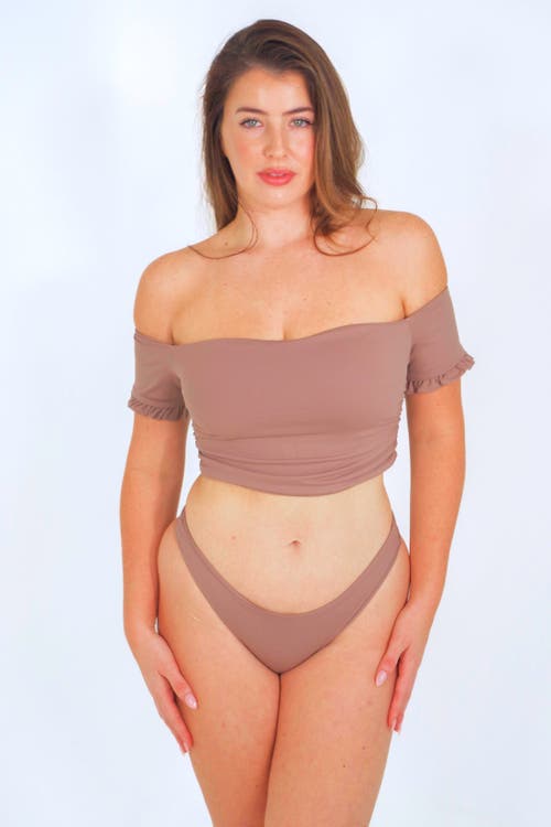 Shop Mary Mercedes Cali Off-the-shoulder Bikini Crop Top With Short Sleeves In Taupe
